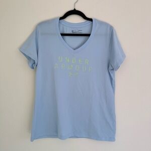 Under Armour Women Shirt Large Blue‎ Activewear V-neck Heatgear Dry Fit